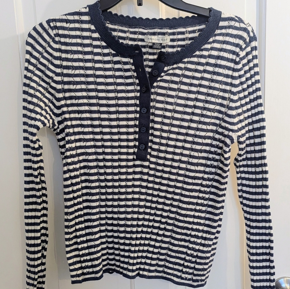 American Eagle Navy and White Striped Henley Long Sleeve Top